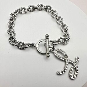 Vintage 90s Silver Tone Bracelet Script Initial‎ Charm Glass Accents Jewelry